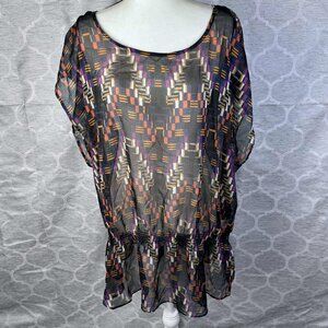 Liz Claiborne Woman 3X Sheer Geometric Ruffle Hem Tunic Top